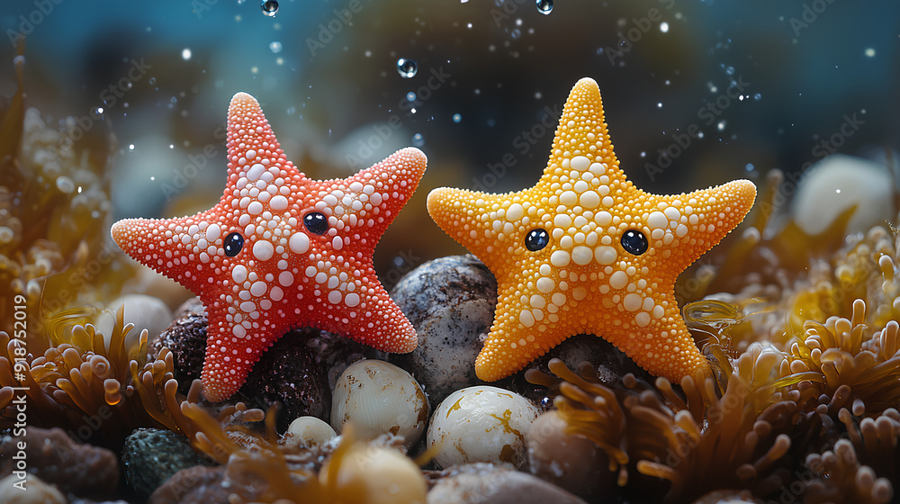 Illustration of cute two baby starfish print sea background Illustration of cute two baby starfish print sea background