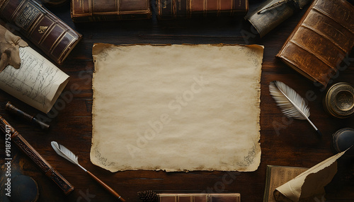Vintage desk setup illustration with old books, quills, and parchment paper in a flat lay, top-down view with copy space