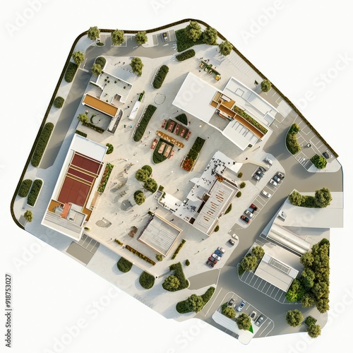 3D Render of a regional shopping center with various retail options, a food court, and a large community space, floor plan