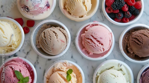 Assortment of Ice Cream Flavors in White Bowls