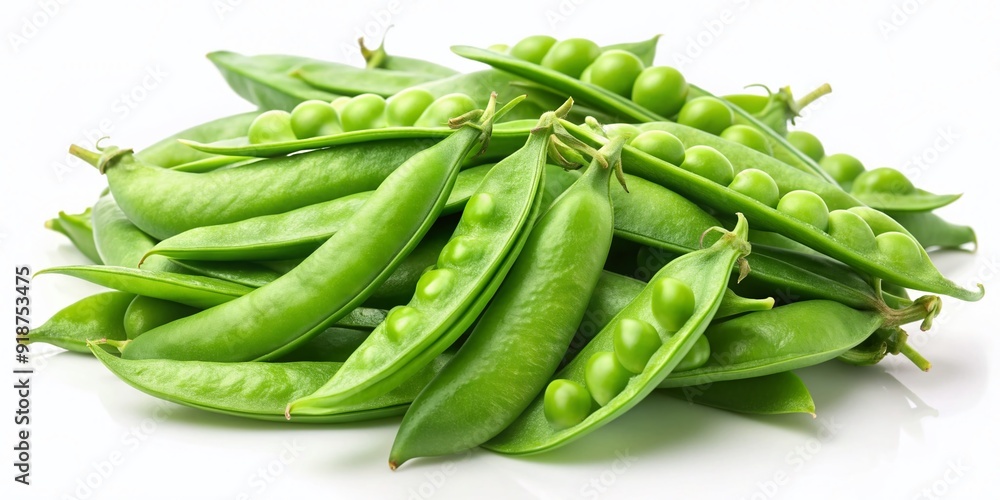 Fresh green snow peas scattered on a clean white background, showcasing their delicate pods and tender tips, perfect for healthy eating and culinary creations. Fresh green snow peas scattered on a clean white background, showcasing their delicate pods and tender tips, perfect for healthy eating and culinary creations.