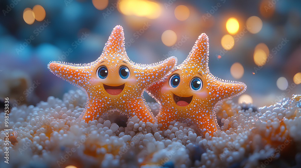 Illustration of cute two baby starfish print sea background Illustration of cute two baby starfish print sea background