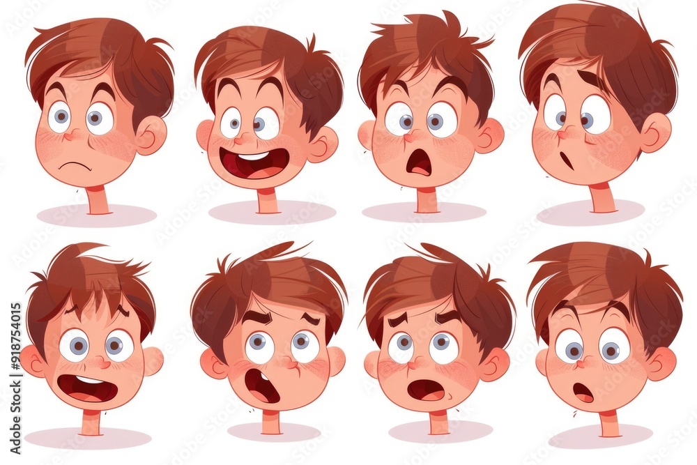 Various cartoon faces of a boy showing different emotions and expressions, suitable for use in cartoons, comics, or illustrations Various cartoon faces of a boy showing different emotions and expressions, suitable for use in cartoons, comics, or illustrations