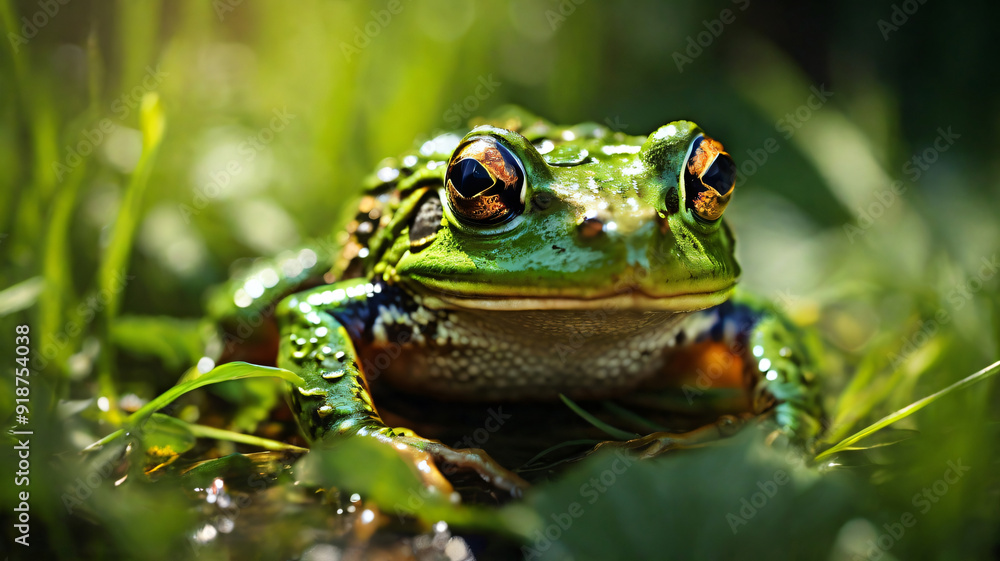 Fototapeta premium green frog in the wild with green blur background