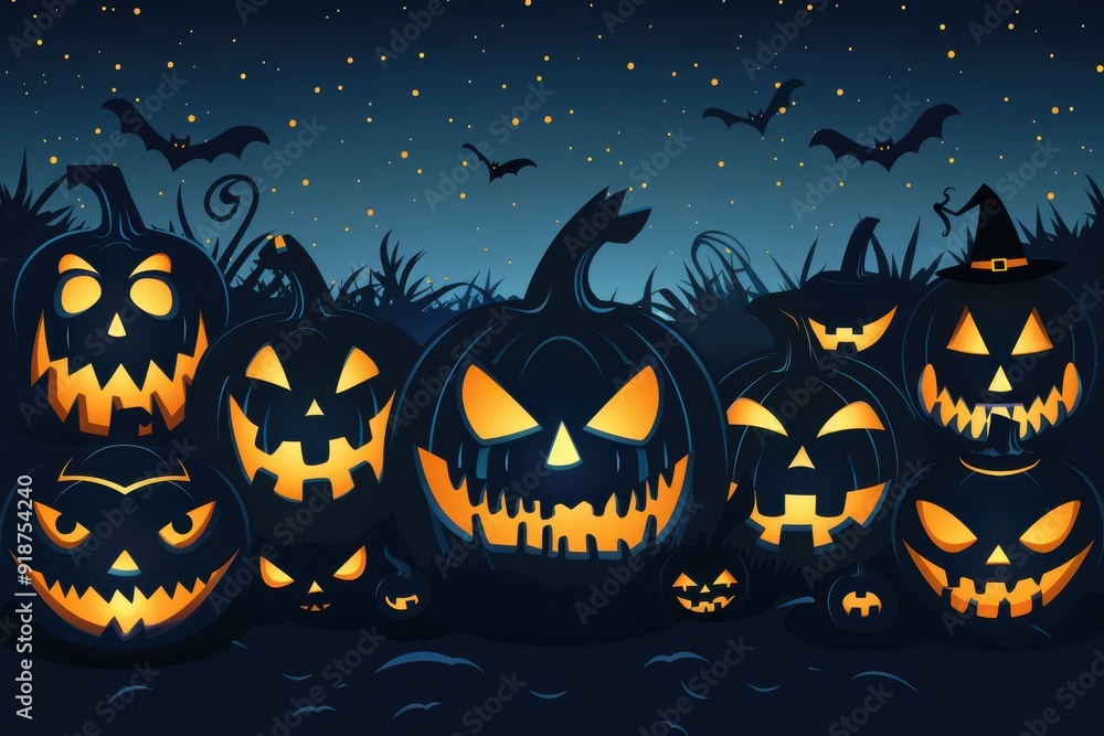 A collection of Halloween pumpkins with various scary expressions A collection of Halloween pumpkins with various scary expressions