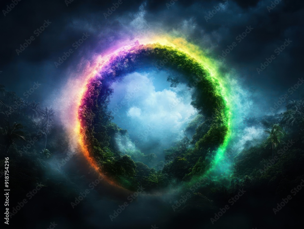 A vibrant rainbow portal in a mystical forest setting. A vibrant rainbow portal in a mystical forest setting.