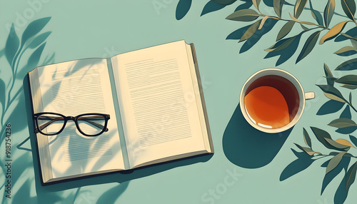 Book lovera??s essentials illustration, flat lay, top-down view, with a novel, reading glasses, and tea with ample copy space photo