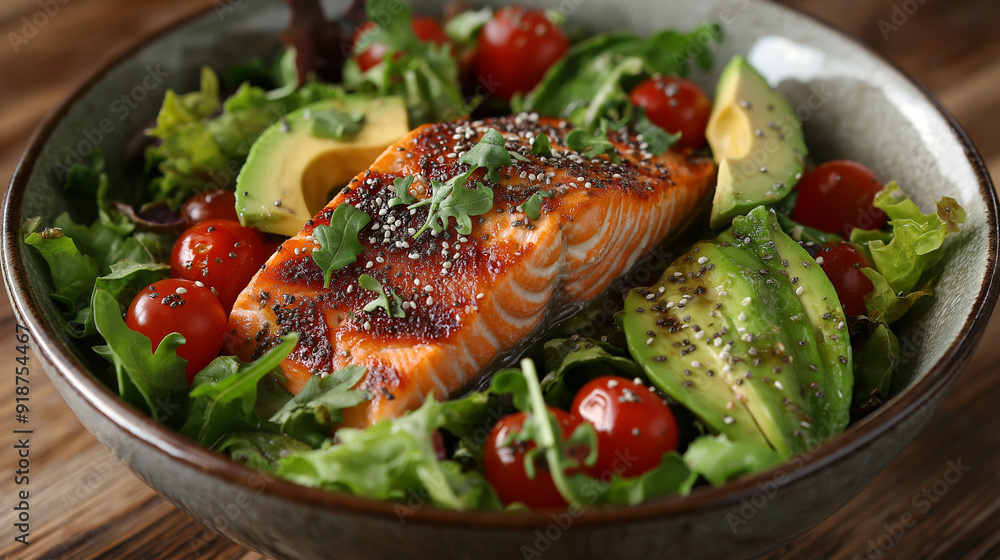 A healthy salad bowl filled with fresh greens, cherry tomatoes, avocado slices, and grilled salmon. The salad is topped with a light vinaigrette and sprinkled with chia seeds. A healthy salad bowl filled with fresh greens, cherry tomatoes, avocado slices, and grilled salmon. The salad is topped with a light vinaigrette and sprinkled with chia seeds.
