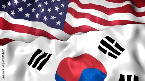 USA and South Korean Flags together. Representing US and South Korean alliance, trade, friendship, other relations. Slow motion flowing animation.