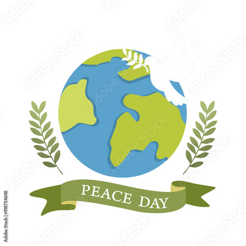 green planet earth,  world peace symbol, globe with doves and wreath