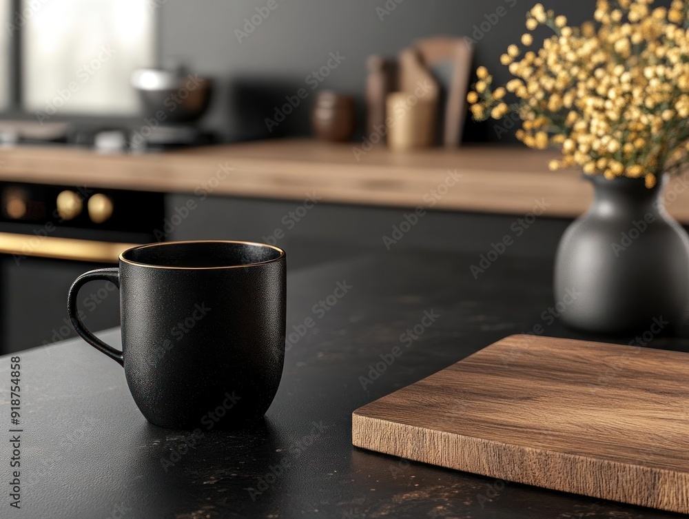 Black coffee mug on a black countertop in a modern kitchen.