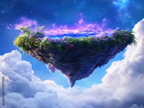 Floating island in the sky with vibrant colors and clouds. photo