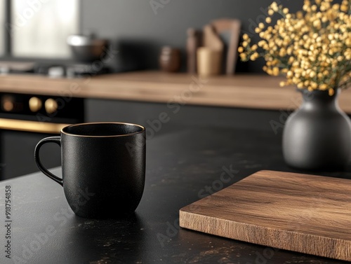 Obraz na płótnie Black coffee mug on a black countertop in a modern kitchen. w salonie
