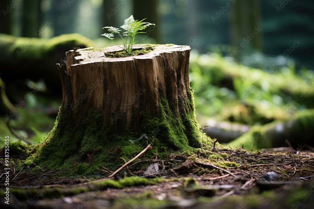 Young tree growing from an old stump in a forest, symbol of rebirth and new life Young tree growing from an old stump in a forest, symbol of rebirth and new life