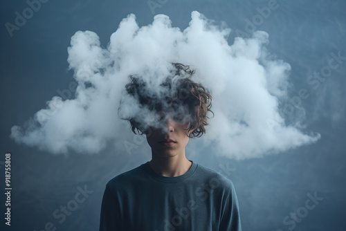 Man with head in clouds, concept of confusion and introspection