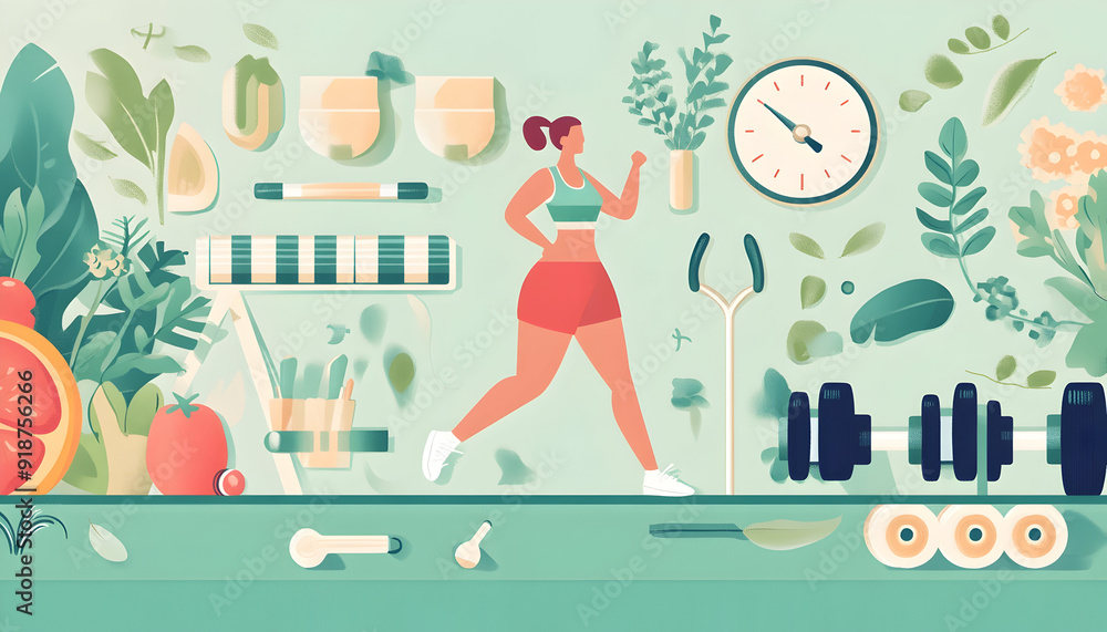 Illustration of a healthy lifestyle and weight loss exercise concept, featuring a fitness, diet, and workout strategy Illustration of a healthy lifestyle and weight loss exercise concept, featuring a fitness, diet, and workout strategy