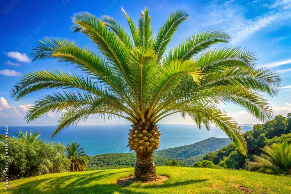 Luxuriant young date palm tree with exotic leaves thrives against an infinite tropical background, evoking natural beauty and serenity in the tropics and subtropics. Luxuriant young date palm tree with exotic leaves thrives against an infinite tropical background, evoking natural beauty and serenity in the tropics and subtropics.