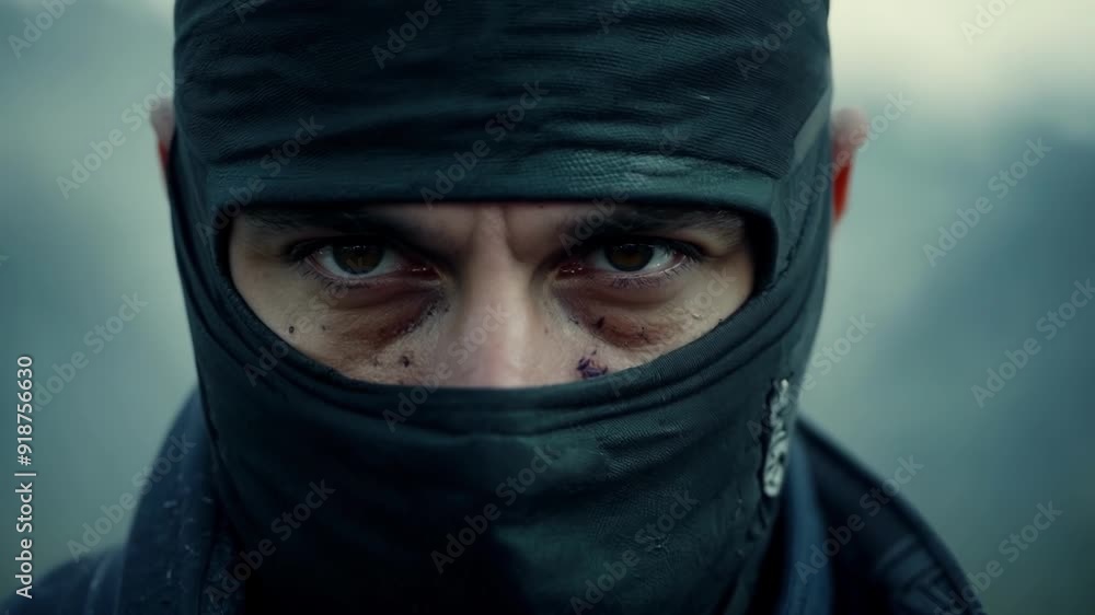A closeup of a ninjas partially obscured face hinting at their past battles. A closeup of a ninjas partially obscured face hinting at their past battles.