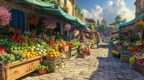 A bustling outdoor market with colorful stalls selling fresh fruits, vegetables, and flowers on a sunny day.