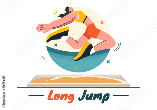 Vector Illustration of an Athlete Performing a Long Jump in a Sand Pit in Sports Championship Themes in Flat Style Cartoon Background
