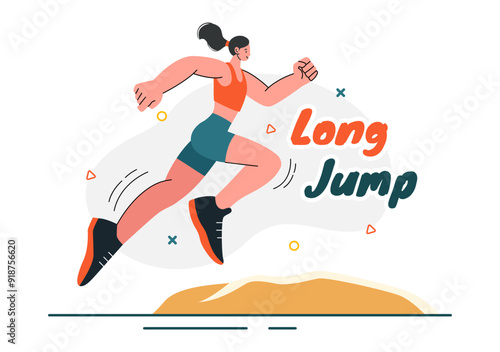 Vector Illustration of an Athlete Performing a Long Jump in a Sand Pit in Sports Championship Themes in Flat Style Cartoon Background