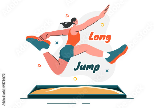 Vector Illustration of an Athlete Performing a Long Jump in a Sand Pit in Sports Championship Themes in Flat Style Cartoon Background