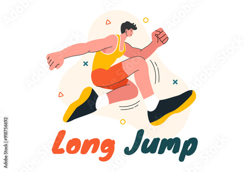 Vector Illustration of an Athlete Performing a Long Jump in a Sand Pit in Sports Championship Themes in Flat Style Cartoon Background