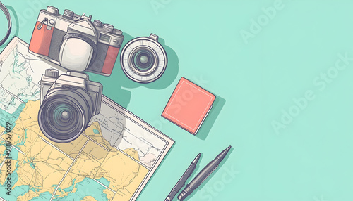 Illustration of a top view of a travel photography setup with a camera, maps, and a passport, arranged in a flat lay with ample copy space