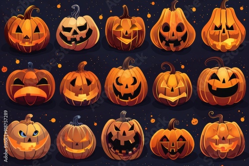 A collection of Halloween pumpkins with various scary expressions