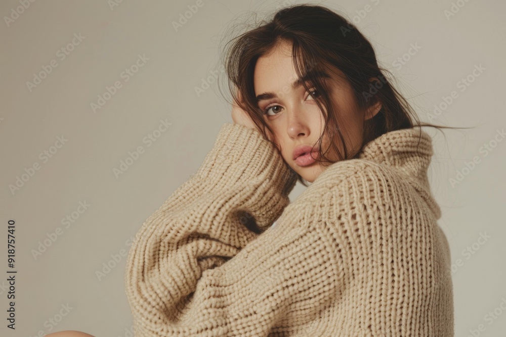 A woman wearing a sweater sits comfortably on a chair A woman wearing a sweater sits comfortably on a chair