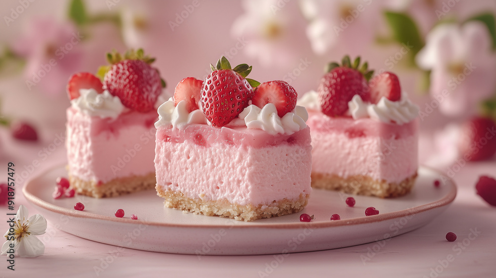 cheesecake with strawberry on pink background and flower cheesecake with strawberry on pink background and flower