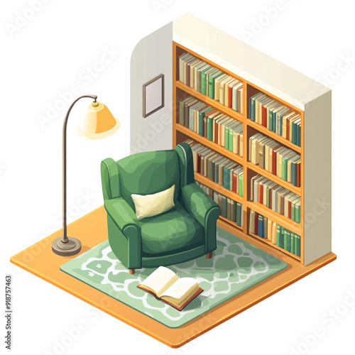 Cozy Isometric Reading Nook with Armchair, Bookshelf, and Floor Lamp: A Perfect Corner for Book Lovers