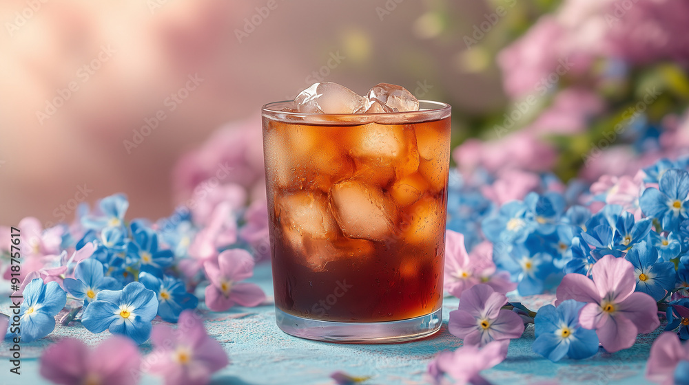 iced americano on a pastel color background with blue flowers in the background iced americano on a pastel color background with blue flowers in the background