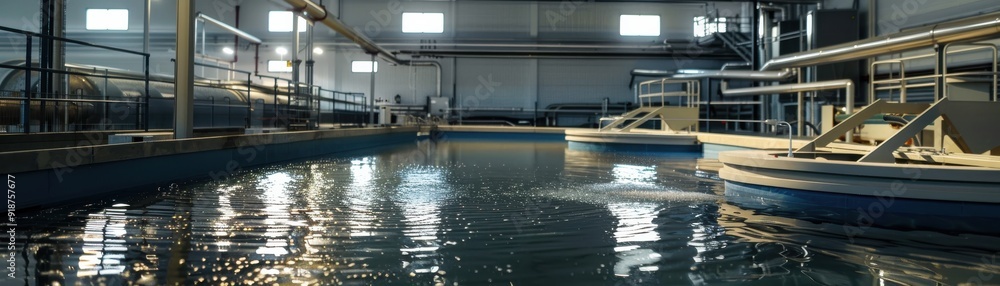 An interior view of a modern water treatment facility, showcasing clean water pools and industrial equipment under bright lighting. An interior view of a modern water treatment facility, showcasing clean water pools and industrial equipment under bright lighting.