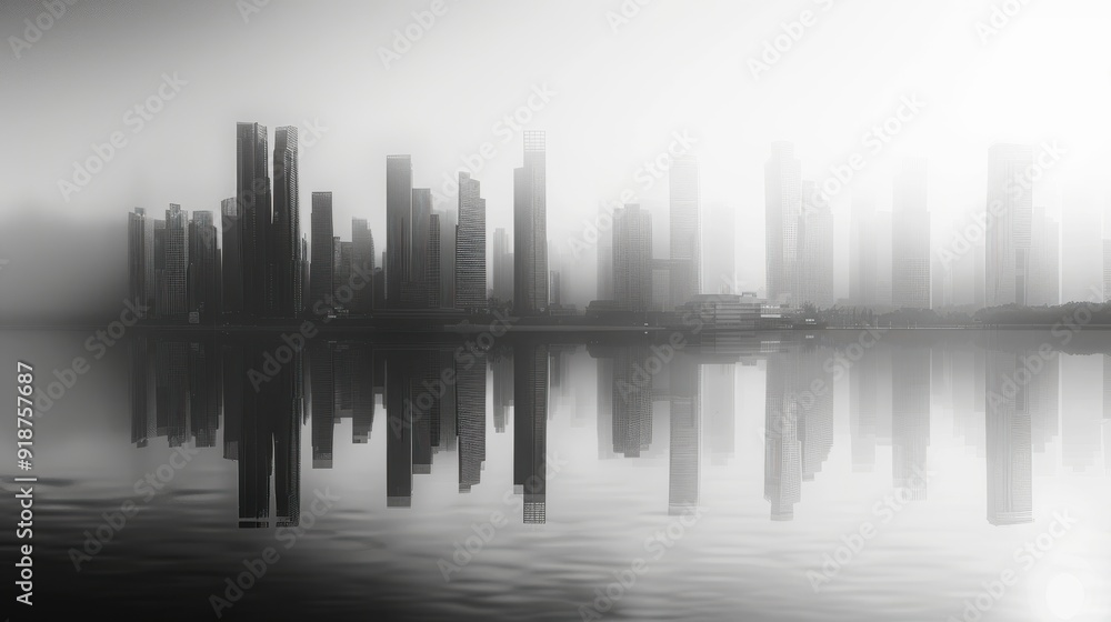 An eerie black and white skyline shrouded in fog, reflecting on calm water, evoking mystery and tranquility. An eerie black and white skyline shrouded in fog, reflecting on calm water, evoking mystery and tranquility.