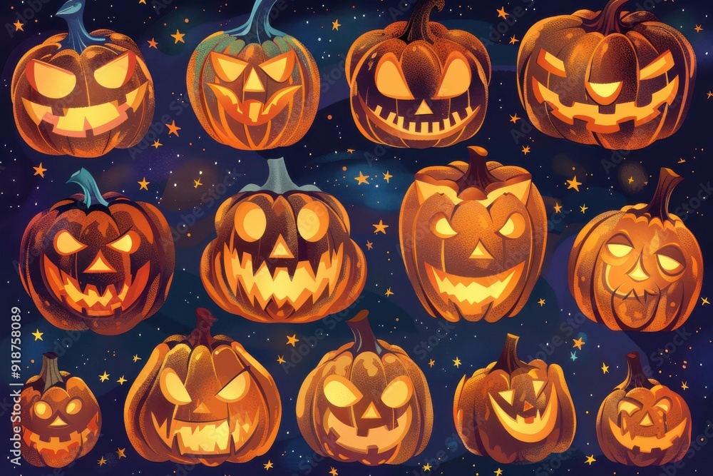 A collection of Halloween pumpkins with various scary expressions A collection of Halloween pumpkins with various scary expressions