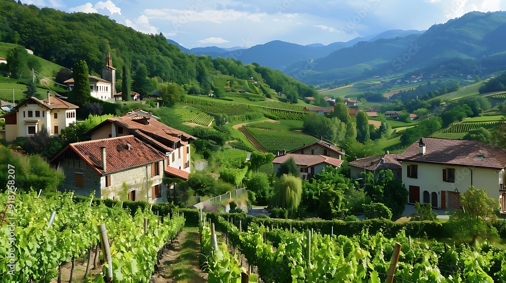 Charming Village Nestled among rolling hills and vineyards with mountains in the distance. The green landscape is a serene and idyllic setting. Charming Village Nestled among rolling hills and vineyards with mountains in the distance. The green landscape is a serene and idyllic setting.