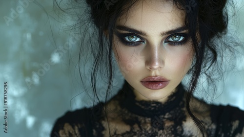 a medium shot portrait of a gothic woman with dark makeup and a black lace dress symbolizing boldness and nonconformity ideal for alternative fashion brands or products that embrace individuality