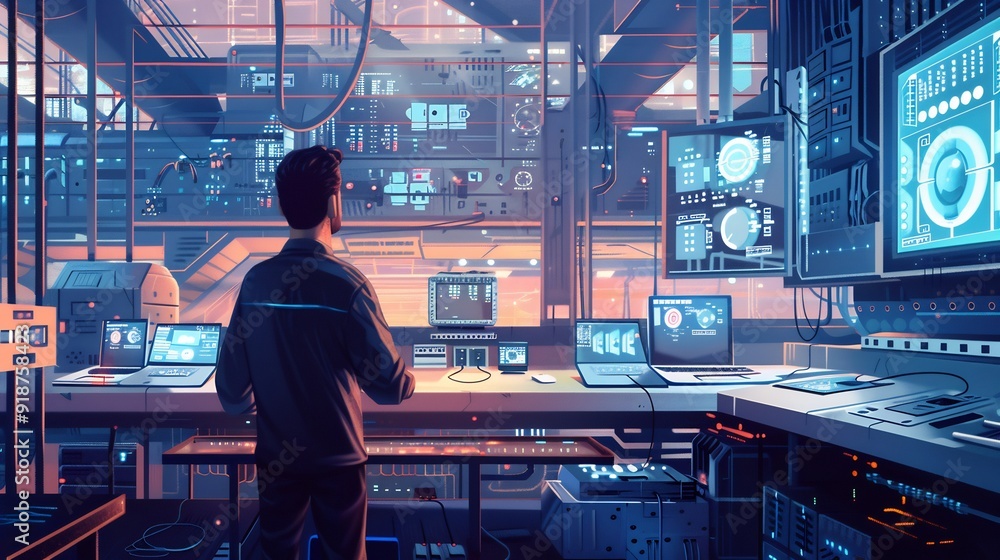Futuristic Control Room with a Solitary Operator Futuristic Control Room with a Solitary Operator