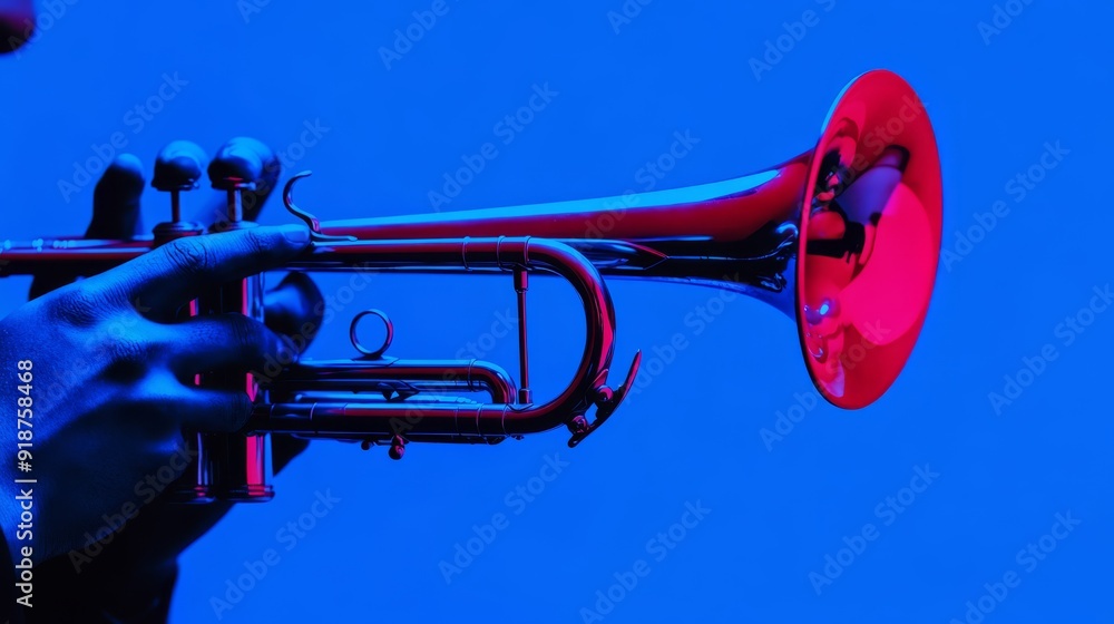 Fototapeta premium a medium shot portrait of a jazz musician playing a trumpet in a dimly lit club symbolizing passion and creativity perfect for brands associated with music artistry or products that inspire creativity
