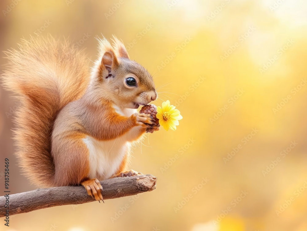 Cute red squirrel sitting on a branch eating a nut and holding a yellow flower. Cute red squirrel sitting on a branch eating a nut and holding a yellow flower.