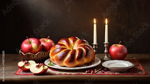 Challah Bread, Apples and Candles for Rosh Hashanah.