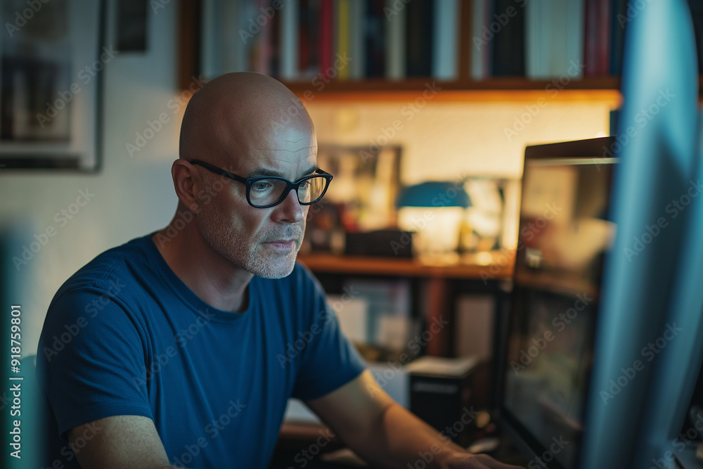 Focused man working late at night on his computer in a home office environment, symbolizing concentration and productivity. Focused man working late at night on his computer in a home office environment, symbolizing concentration and productivity.