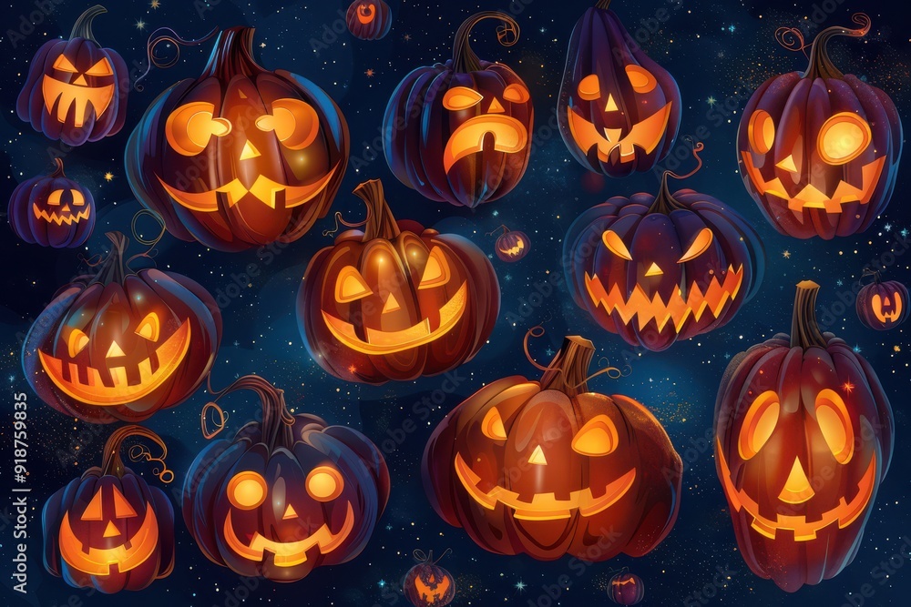 A collection of Halloween pumpkins with various scary expressions A collection of Halloween pumpkins with various scary expressions