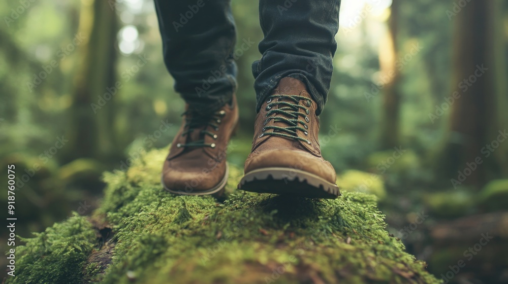 Young man walking on a mossy log in the forest, Traveler or hiker man balancing while standing on a tree trunk in nature. Men enjoy outdoor activities in the summertime. close-up of shoes. Young man walking on a mossy log in the forest, Traveler or hiker man balancing while standing on a tree trunk in nature. Men enjoy outdoor activities in the summertime. close-up of shoes.