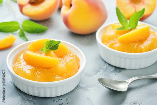 Mashed peaches in a baby dish, Baby food, Sweet and juicy