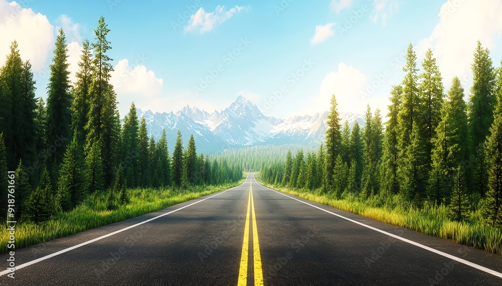 A scenic highway stretches through a lush forest with towering mountains in the background, perfect for nature lovers and road trips. A scenic highway stretches through a lush forest with towering mountains in the background, perfect for nature lovers and road trips.