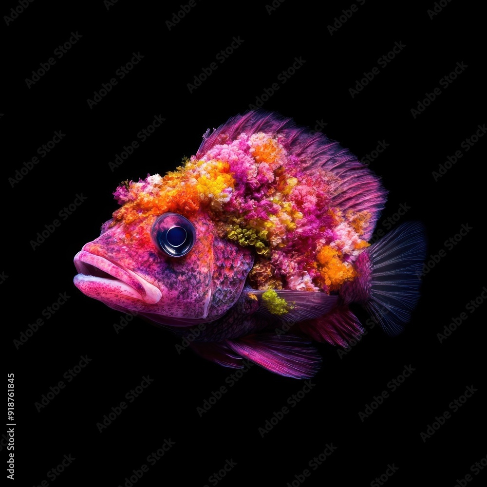Fototapeta premium Close-up of a colorful fish with pink and orange scales on a black background.