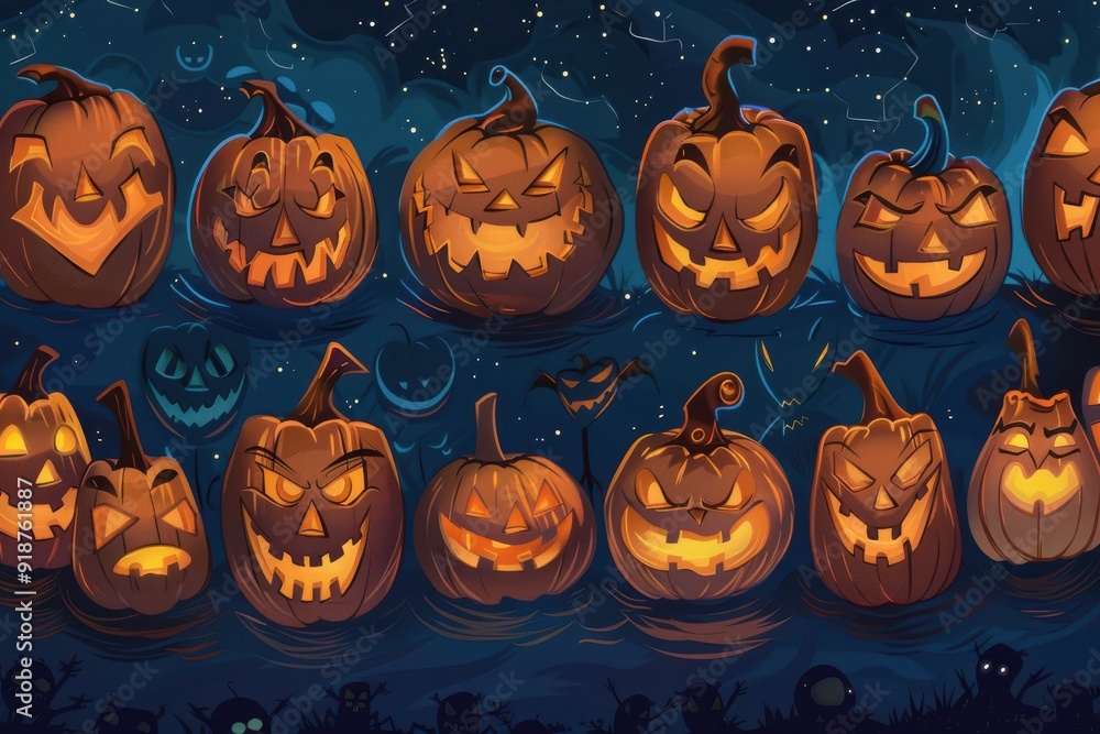 A collection of Halloween pumpkins with various scary expressions A collection of Halloween pumpkins with various scary expressions