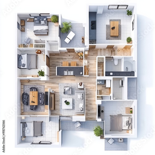 3D Render of a modern family home with an open-plan living area, spacious kitchen, multiple bedrooms, and a home office